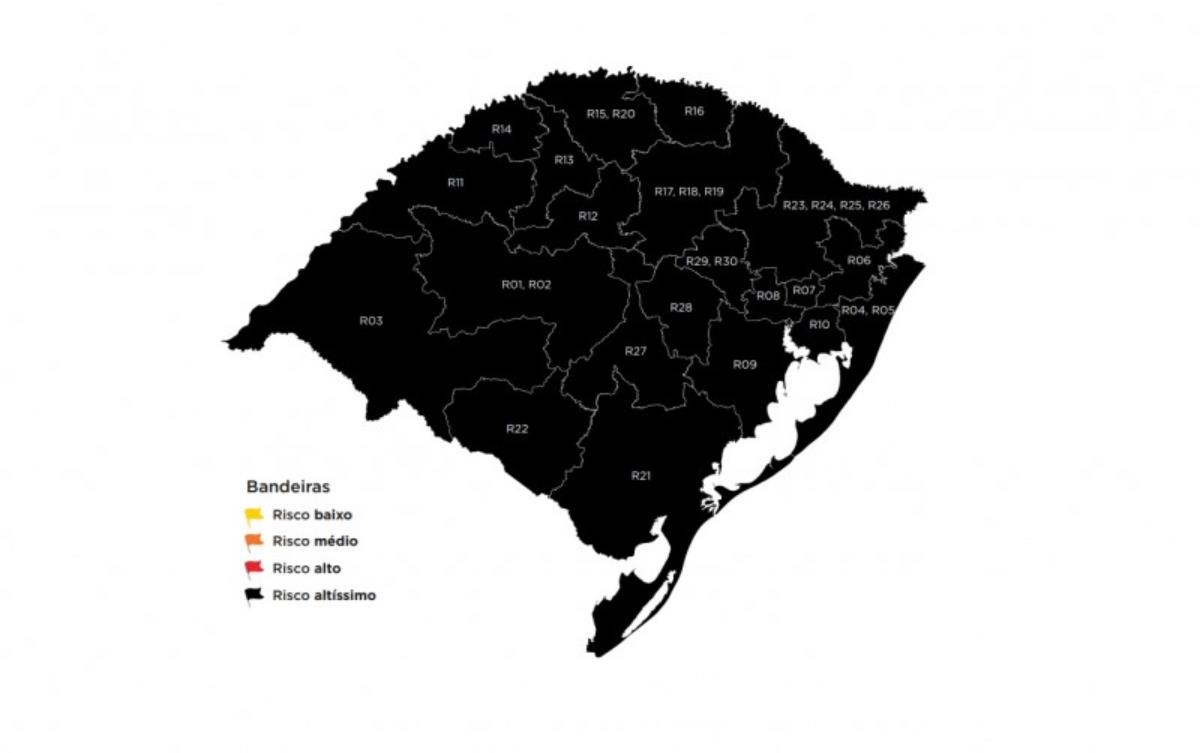 Mapa do Distanciamento Controlado confirma todo o RS em bandeira preta na 43ª rodada