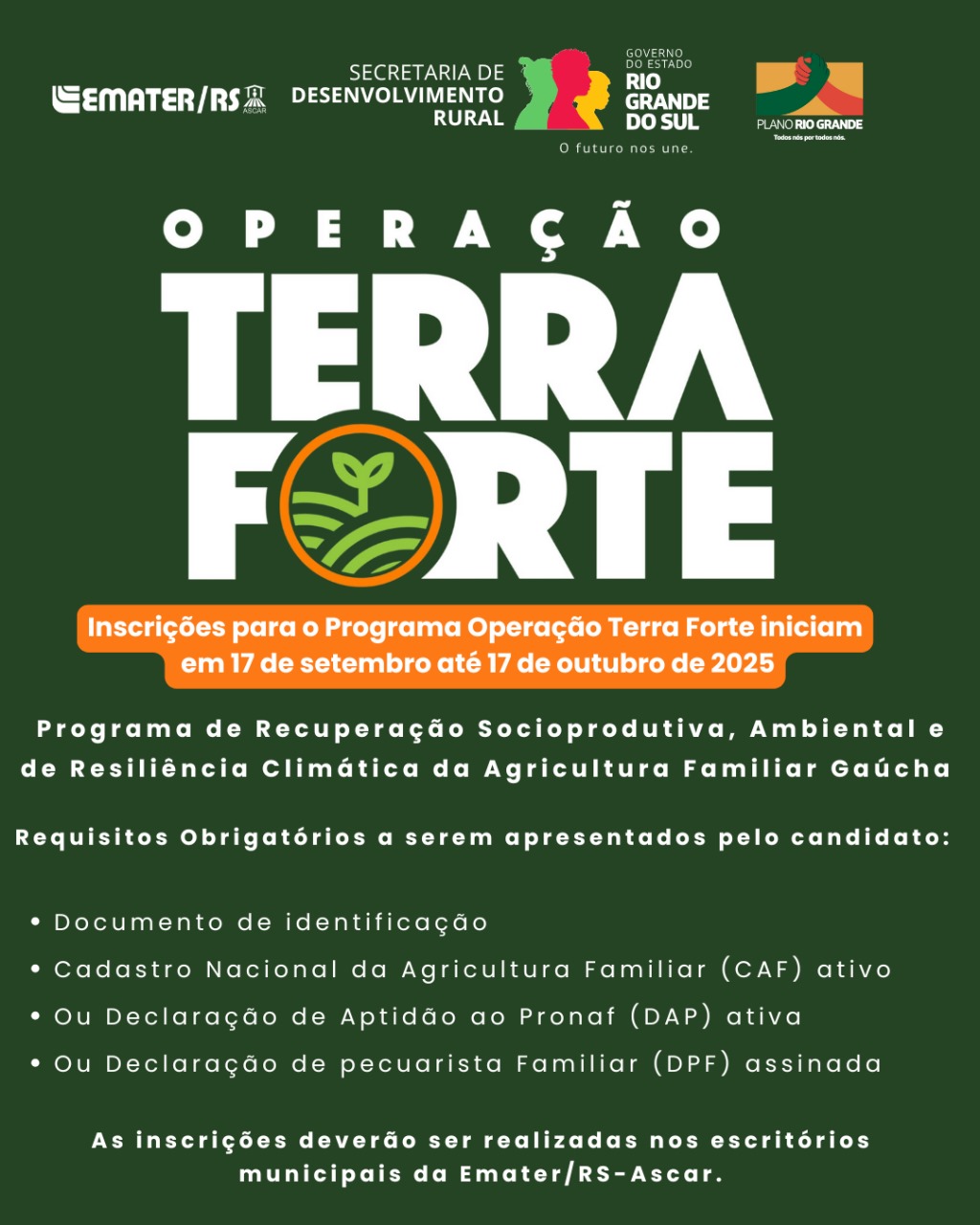 Abertas inscrições no Programa Operação Terra Forte 