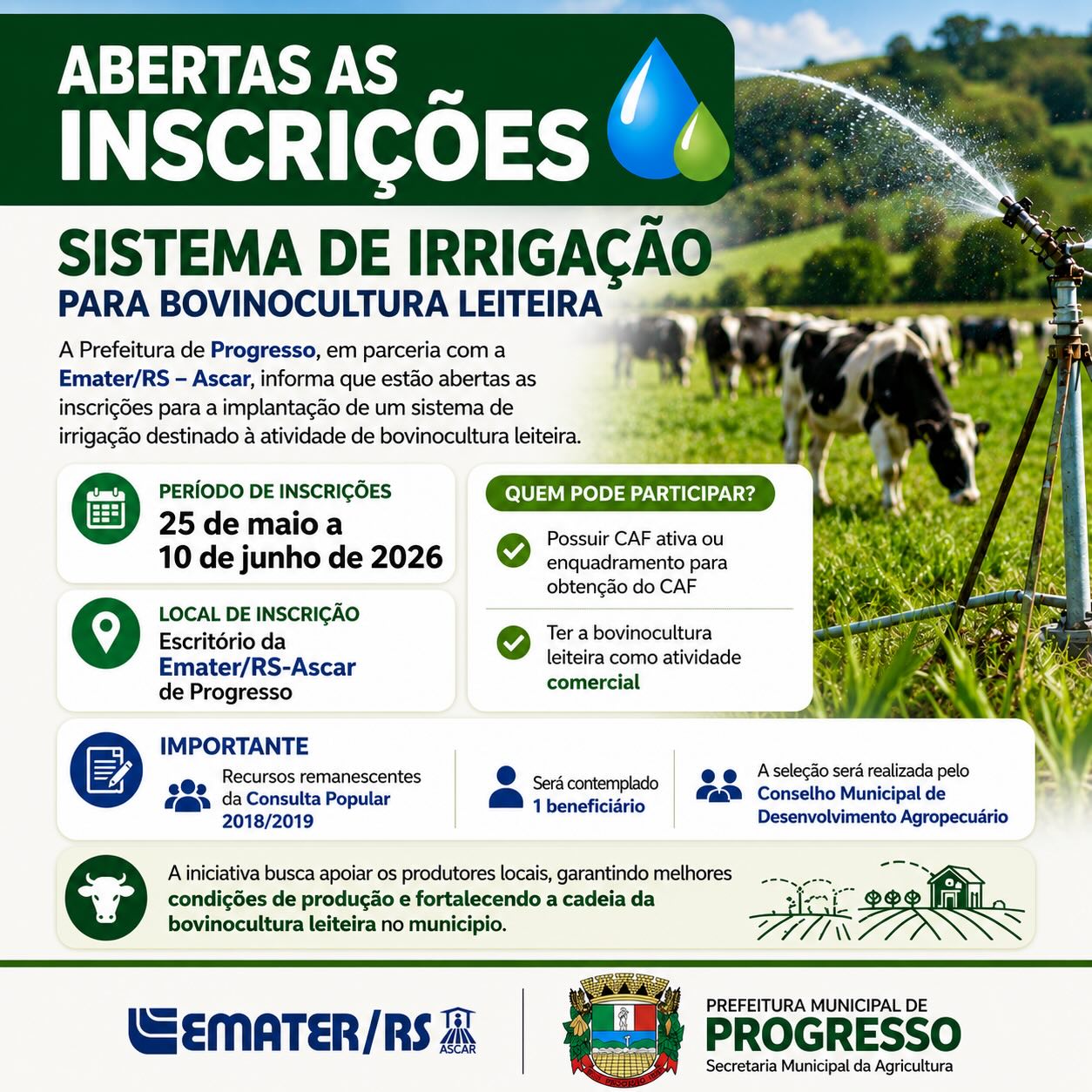 Abertas inscrições para sistema de irrigação para bovinocultura leiteira em Progresso