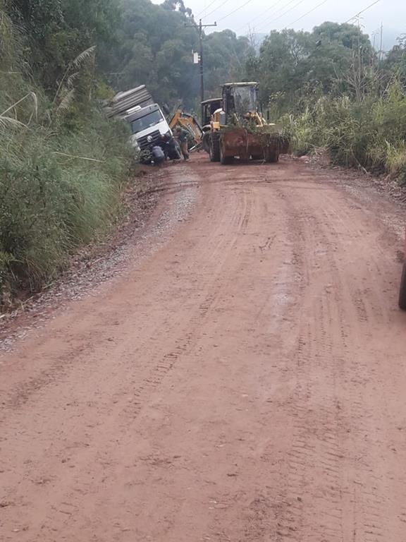 Caminhão carregado de frangos derrapa e cai em valeta 