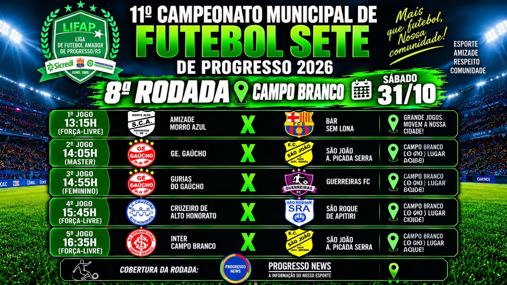 Campo Branco sedia Rodada do Municipal de Futebol Sete no Sábado