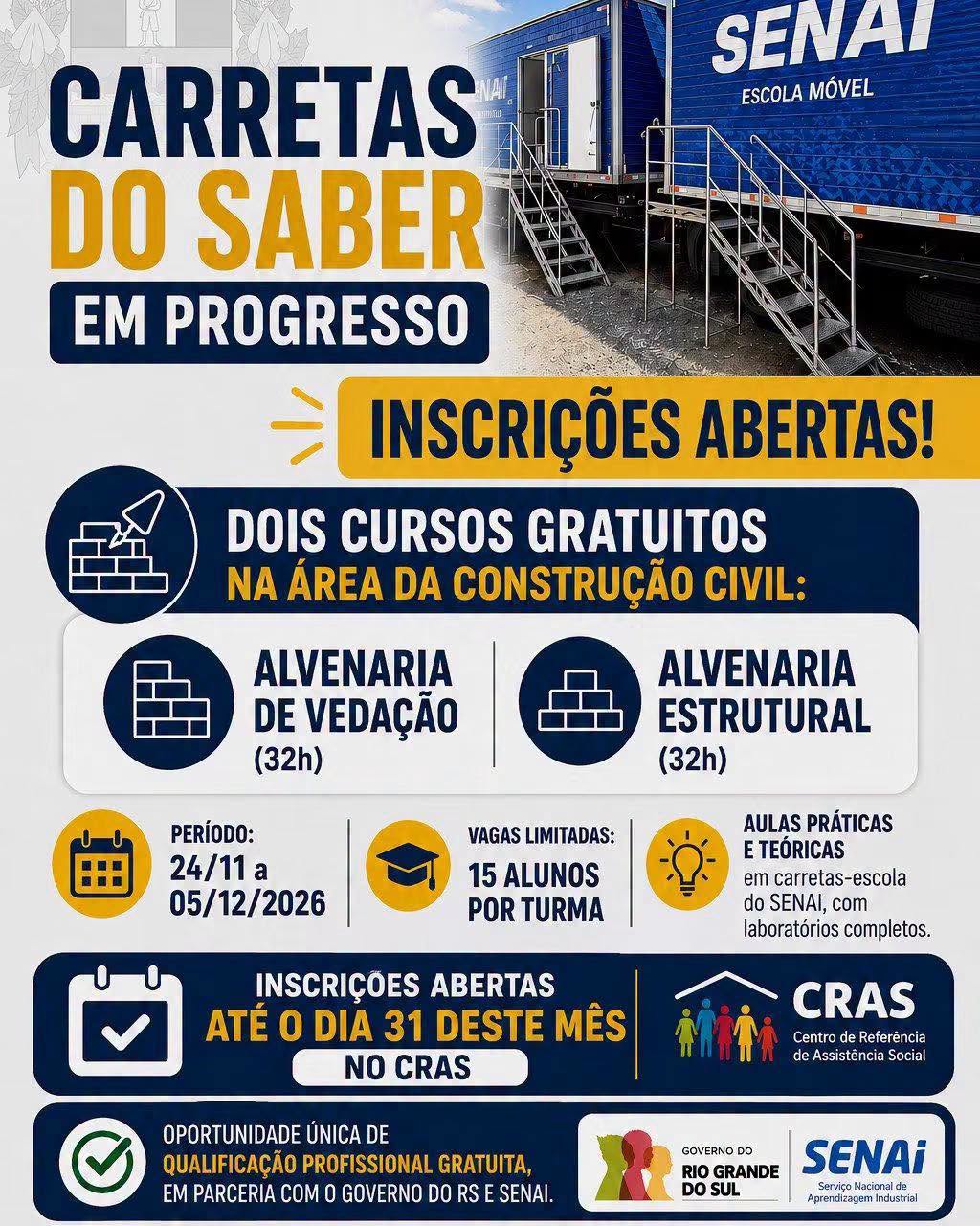 Inscrições para cursos gratuitos de construção civil em Progresso terminam nesta sexta-feira, 31 de julho