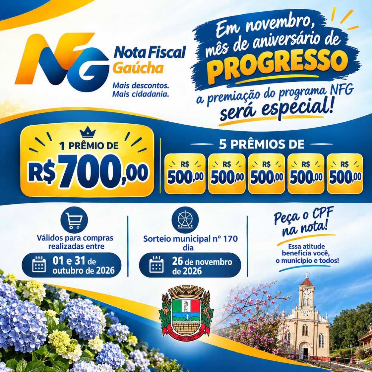 Nota Fiscal Gaúcha terá premiação especial no mês de aniversário de Progresso